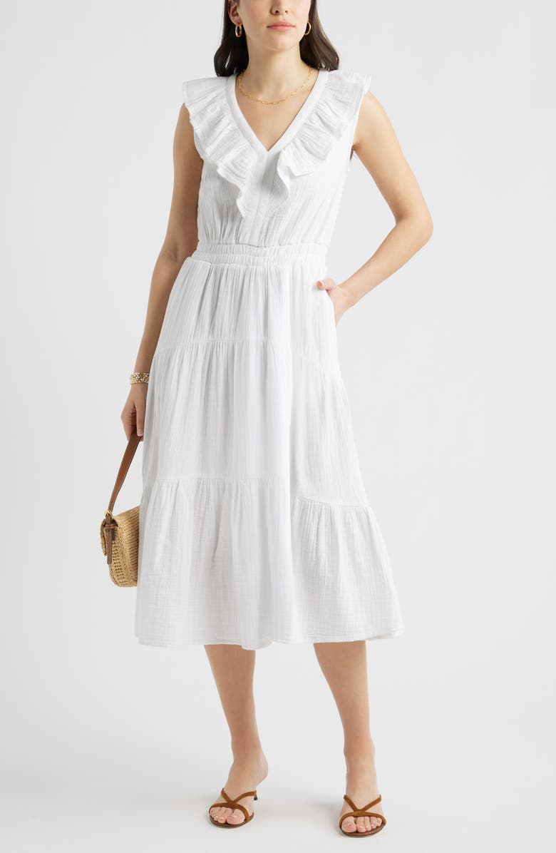 Caslon<sup>®</sup> Ruffle Sleeveless Tiered Cotton Midi Dress, Main, color, White