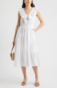 Caslon® Ruffle Sleeveless Tiered Cotton Midi Dress