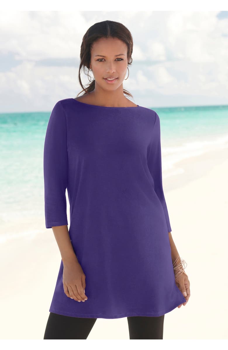 Roaman's Plus Size Cotton Ultimate Boatneck Tunic with Side Slits, Alternate, color, Black Painted Dot