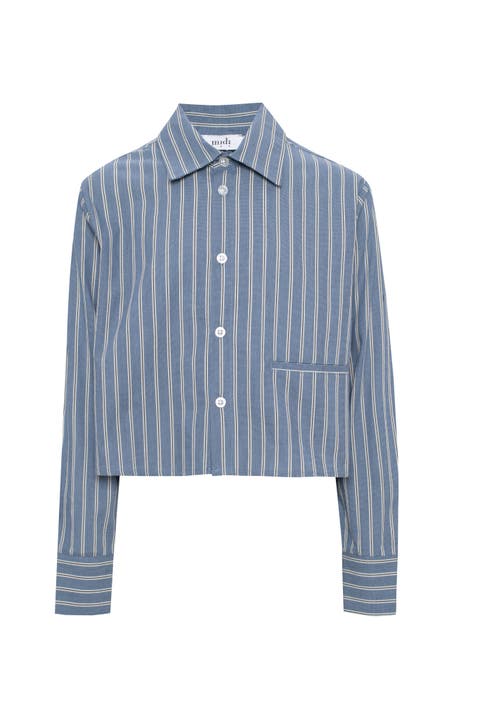 Cropped Striped Button Front Box Pleat Blouse