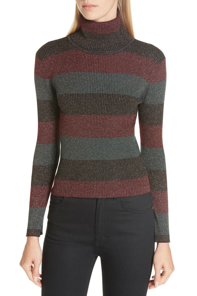 Mariel Metallic Stripe Turtleneck Sweater, Main, color, BLACK/ RIOJA/ DEEP EMERALD