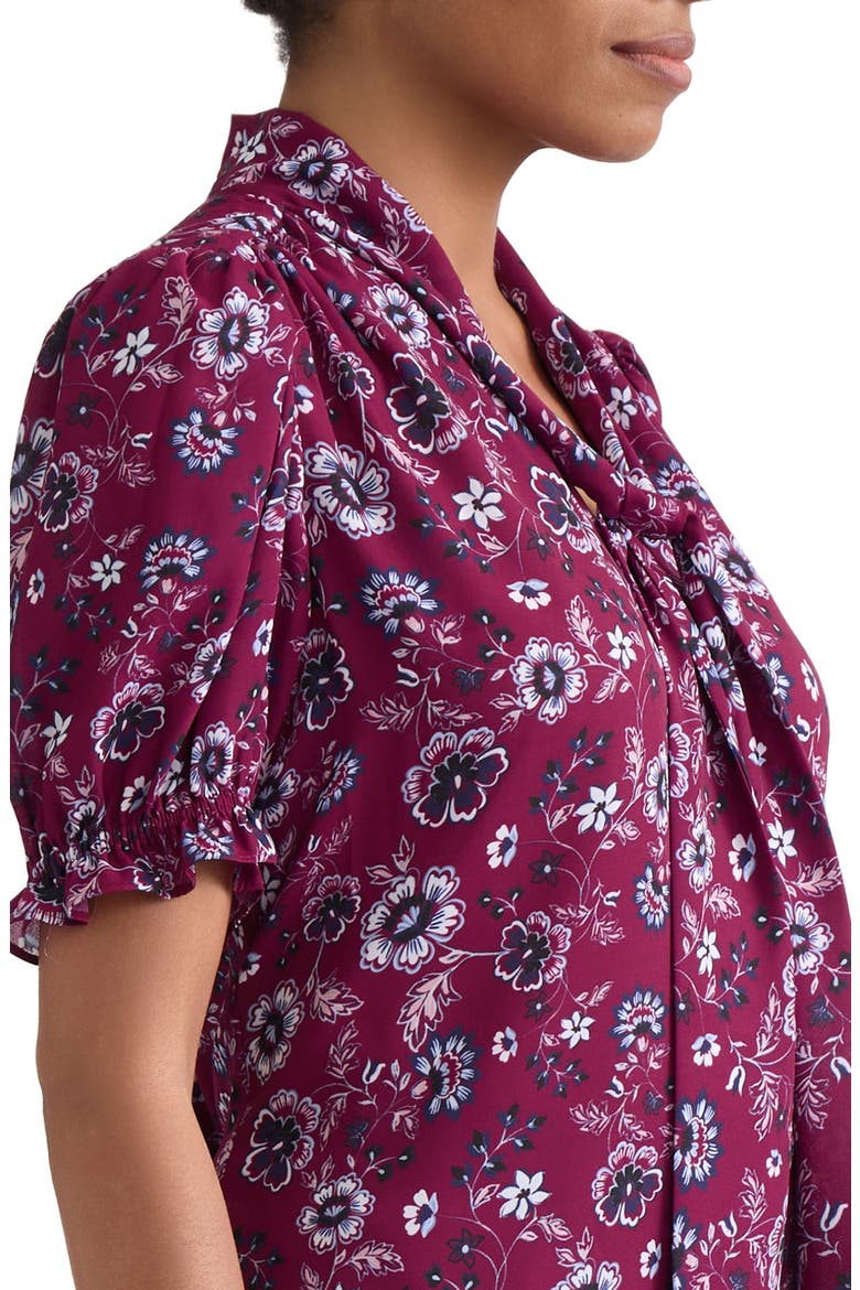 Tie Neck Puffed Sleeve Top, Alternate, color, RED BERRY MULTI