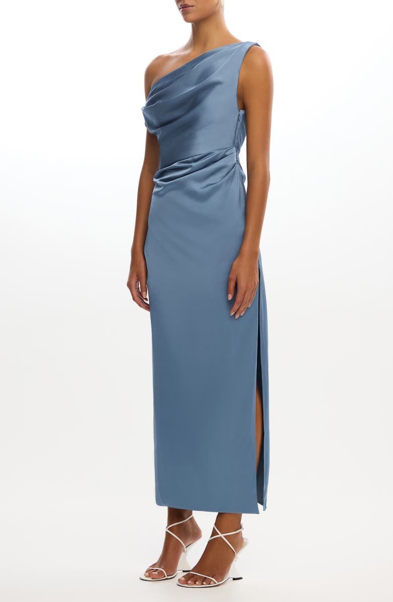 Significant Other Alyssa Pleated One-Shoulder Satin Gown, Alternate, color, Iron