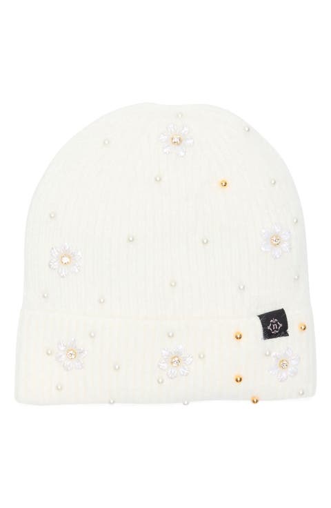Faux Pearl Flower & Bead Knit Cuffed Beanie