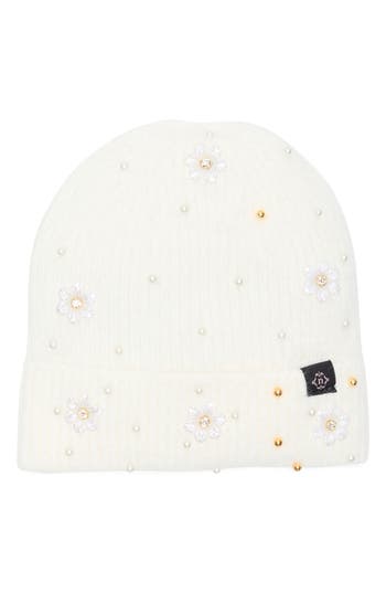 Nanette Lepore Faux Pearl Flower & Bead Knit Cuffed Beanie In White