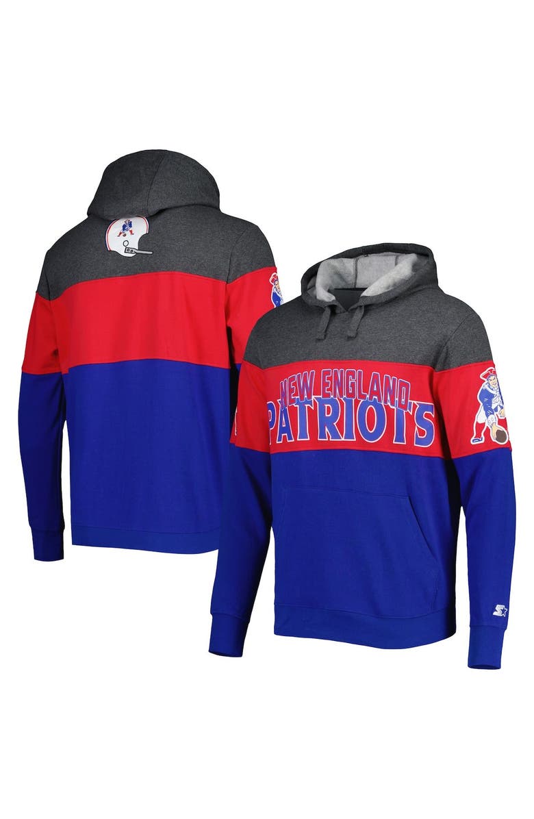 STARTER Men's Starter Royal/Heather Charcoal New England Patriots Extreme Vintage Logos Pullover Hoodie, Main, color, Heather Charcoal