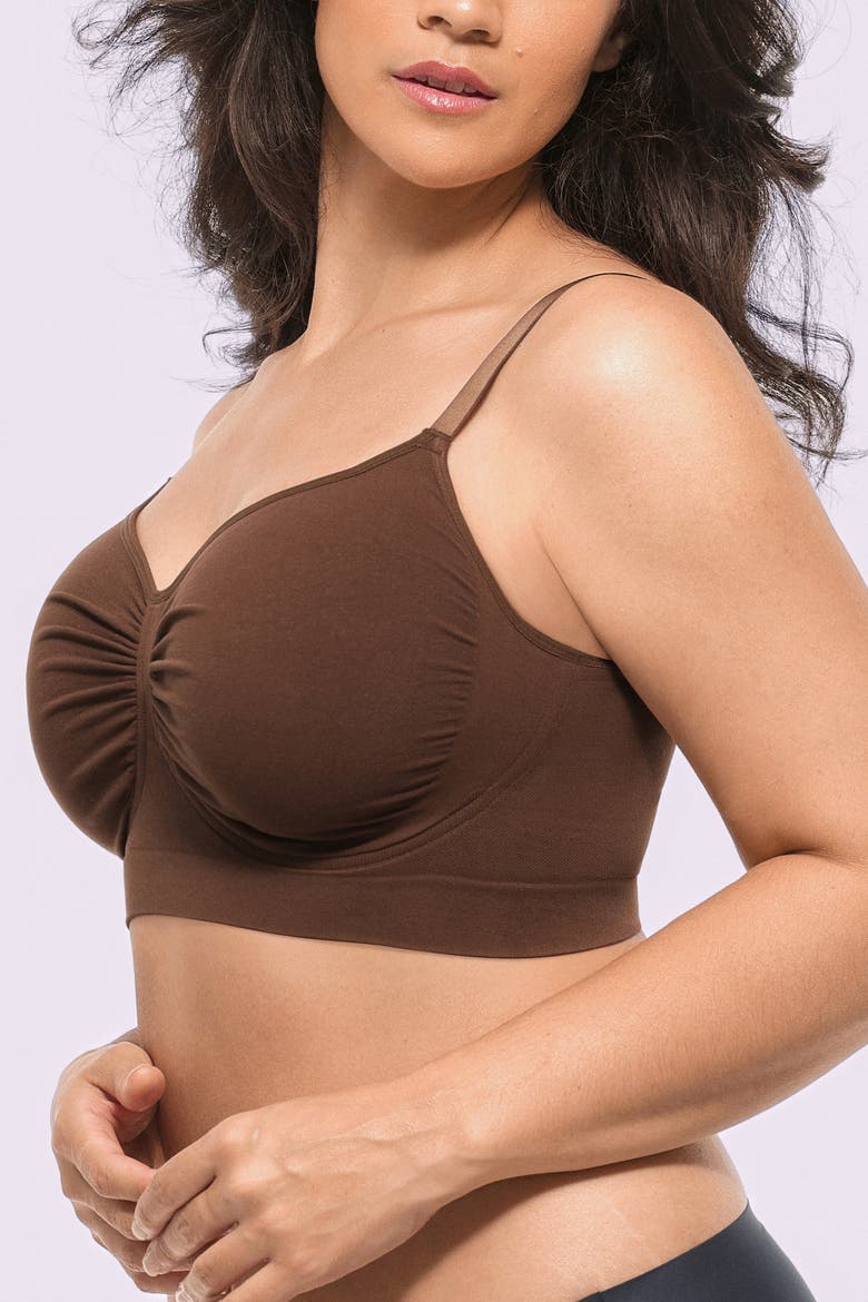 Wireless Seamless Comfy Non Padded V Neck Bra, Alternate, color, Brown