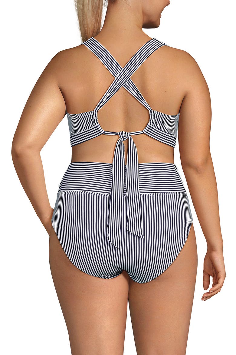 Plus Size V-Neck Bikini and High Waisted Bottom Swimsuit Set, Alternate, color, Deep Sea Navy Mini Stripe