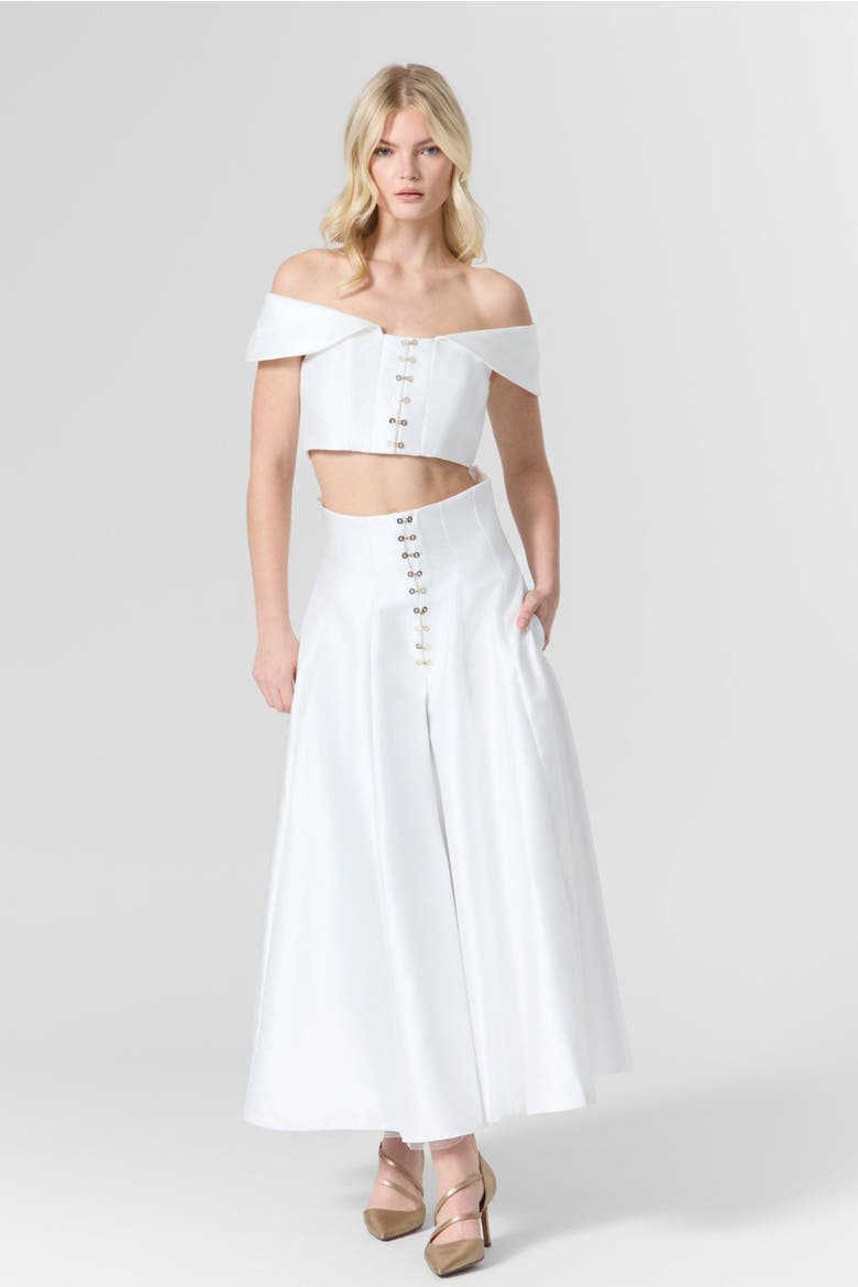Off-Shoulder Silk Top & Skirt Set, Alternate, color, White