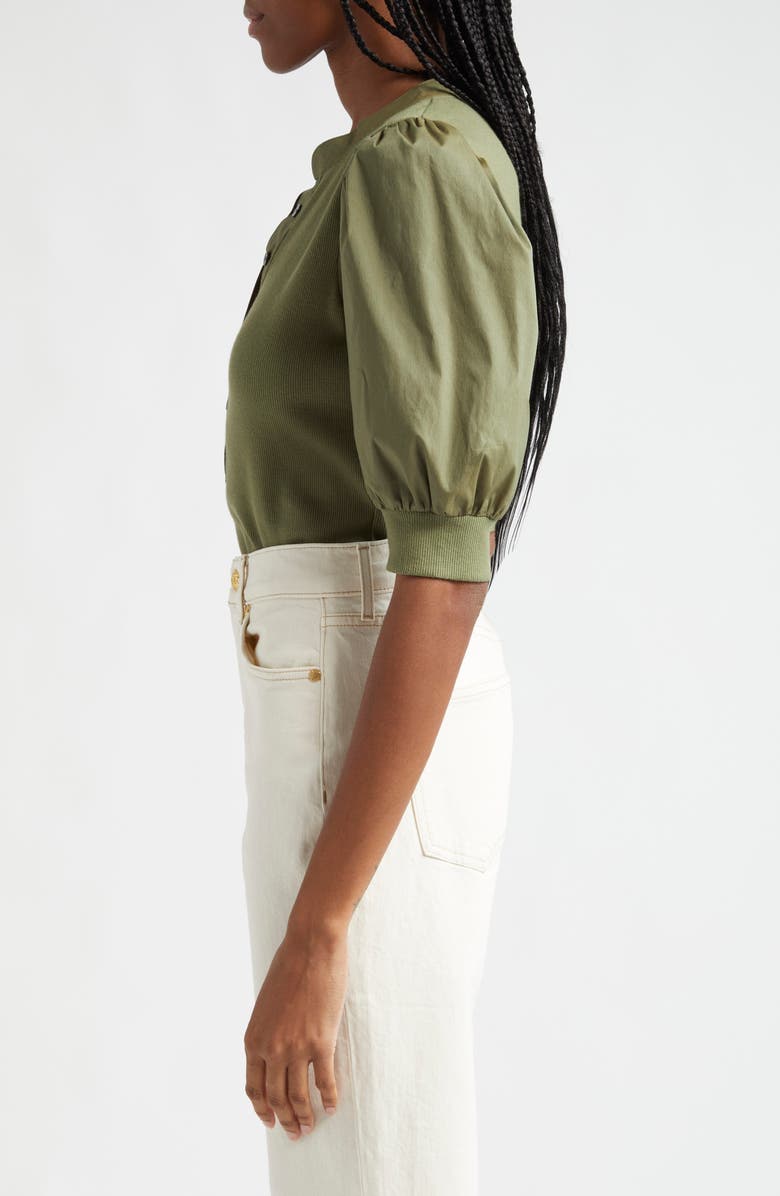 Veronica Beard Coralee Puff Sleeve Stretch Cotton Henley Top, Alternate, color, Stone Army