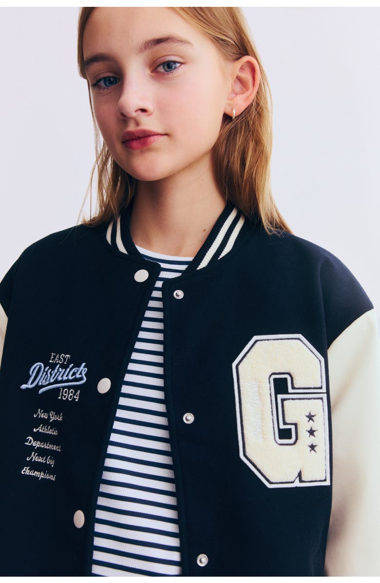 H&M Appliquéd Baseball Jacket, Alternate, color, Navy Blue/East District
