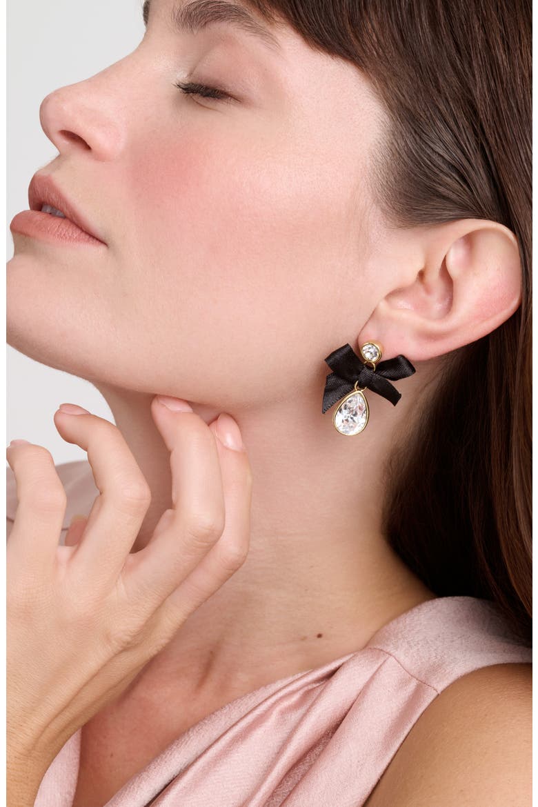 Ritala Ribbon Bow Crystal Drop Earrings, Alternate, color, GOLD TONE/ BLACK CRYSTAL
