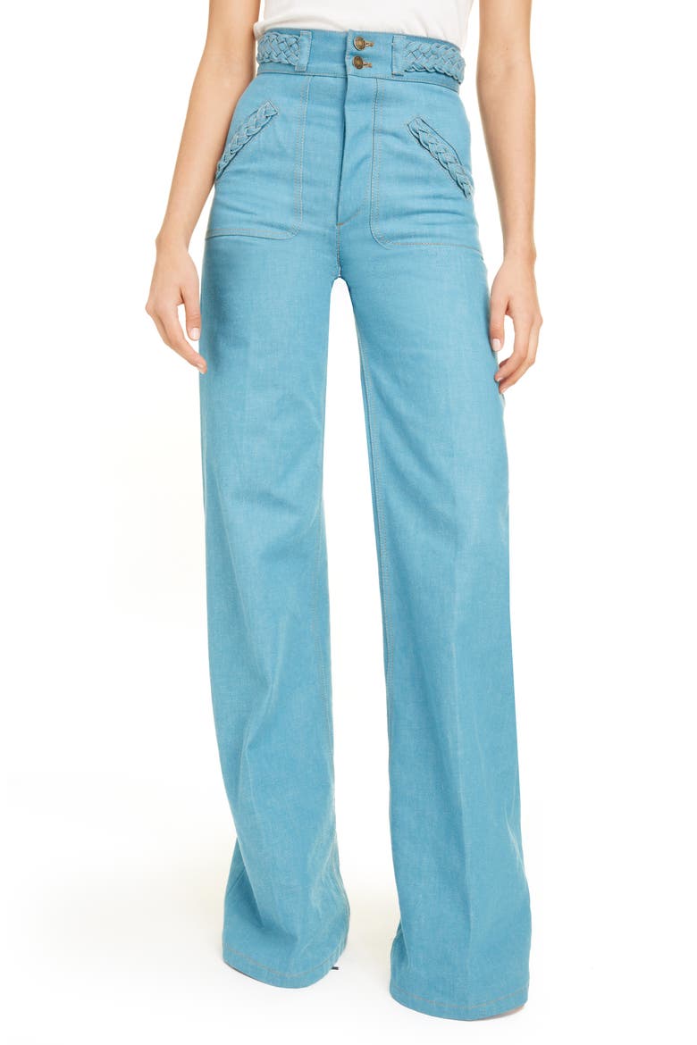 Braided High Waist Flare Leg Jeans, Main, color, DARK TURQUOISE