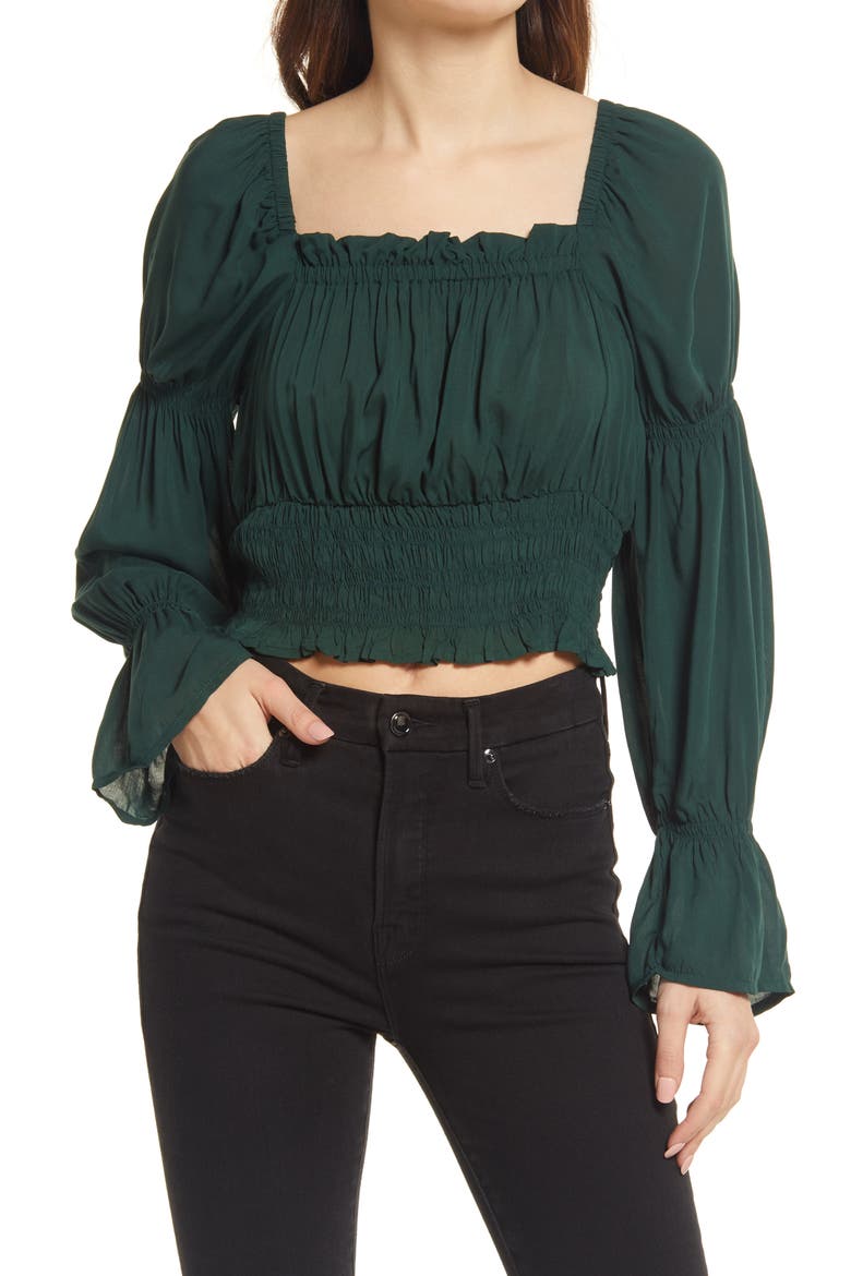 Flare Sleeve Smocked Blouse, Main, color, GREEN PARK