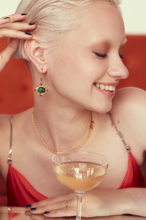 Ottoman Hands Raina Emerald And Pink Crystal Drop Earrings In Gold