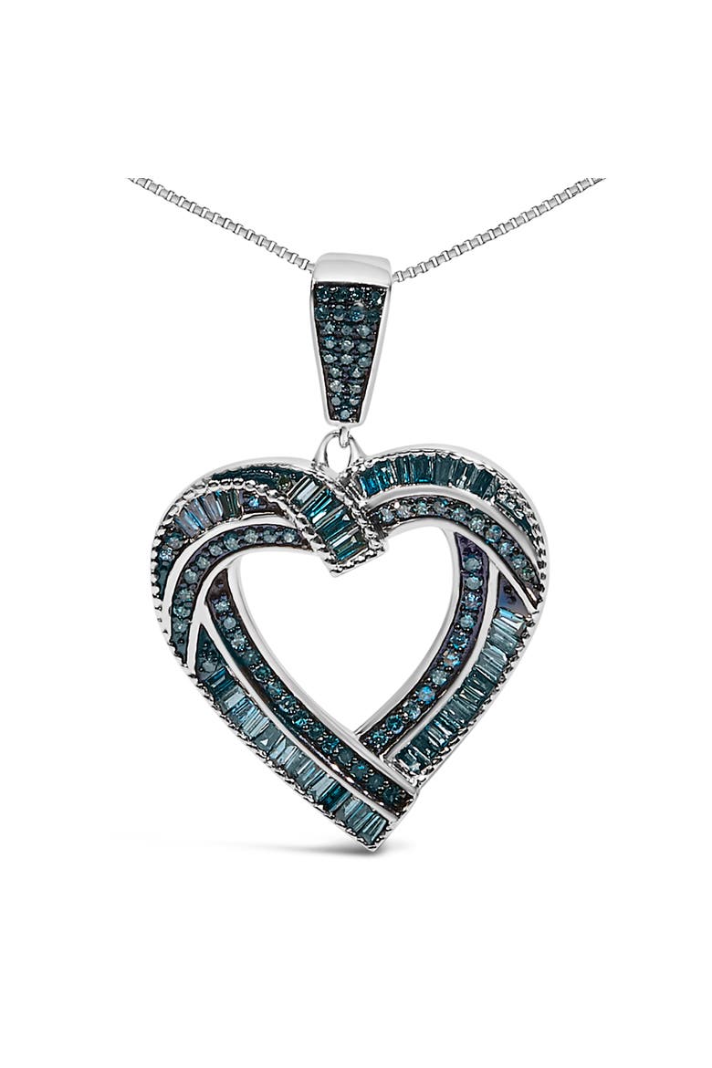 .925 Sterling Silver 1.00 Cttw Baguette and Round Blue Diamond Open Heart Pendant Necklace, Alternate, color, Silver
