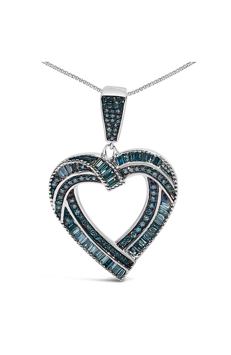 Haus of Brilliance .925 Sterling Silver 1.00 Cttw Baguette and Round Blue Diamond Open Heart Pendant Necklace, Alternate, color, Silver