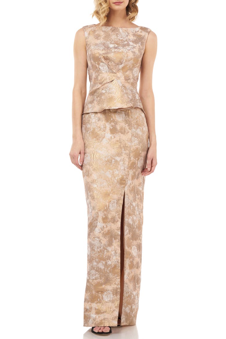 Yasmine Birds of Paradise Peplum Column Gown, Main, color, GOLD MULTI
