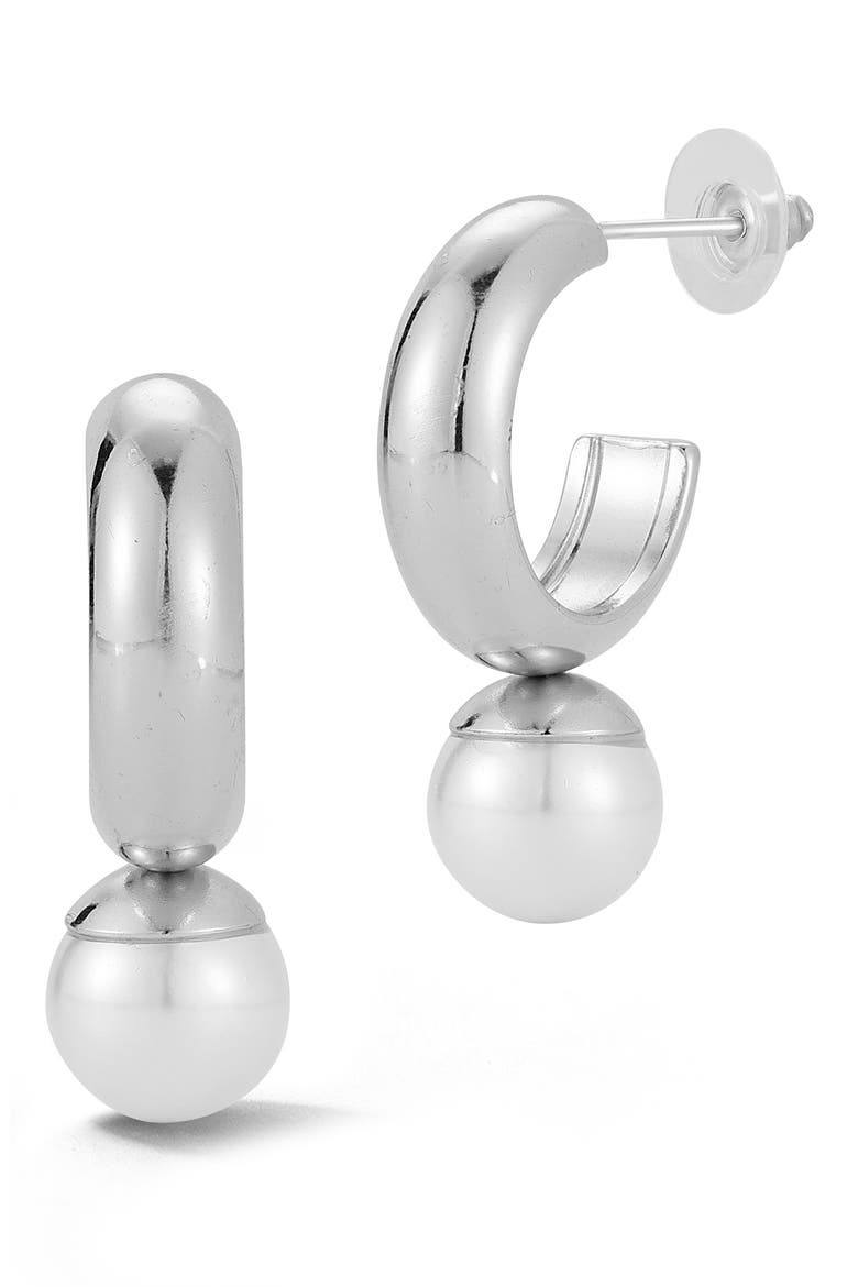 Faux Pearl Drop Hoop Earrings, Main, color, SILVER