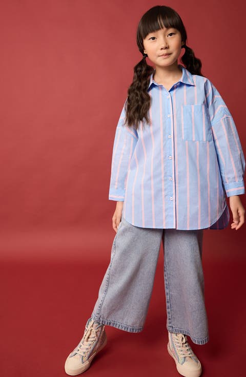 Kids' Stripe Oversize Cotton Button-Up Shirt (Big Kid)