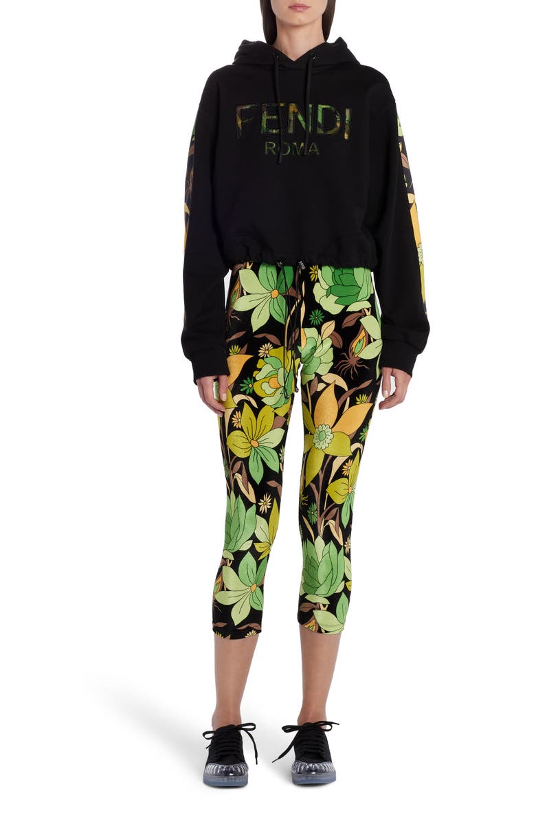 Fendi Floral Logo Crop Drawstring Hoodie, Alternate, color,