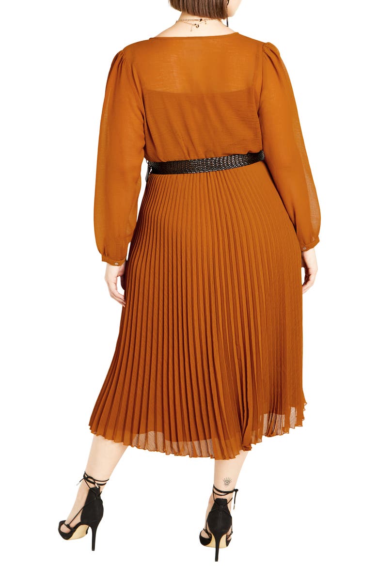 Emberly Pleated Long Sleeve Belted Midi Dress, Alternate, color, TOFFEE