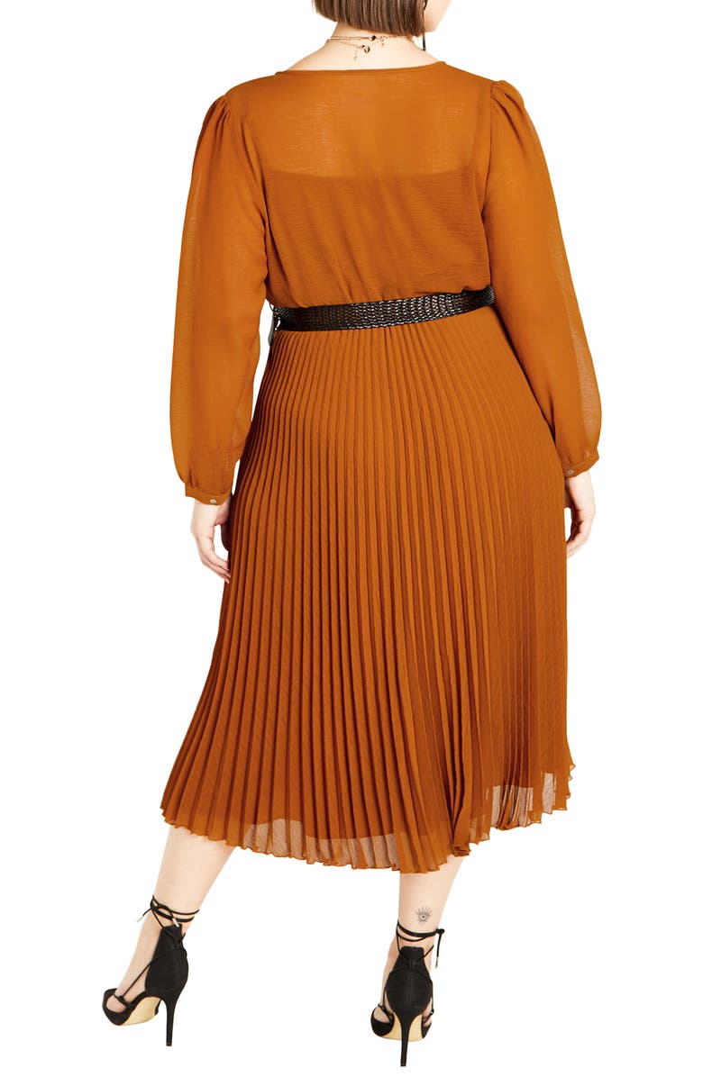 City Chic Emberly Pleated Long Sleeve Belted Midi Dress, Alternate, color, Toffee