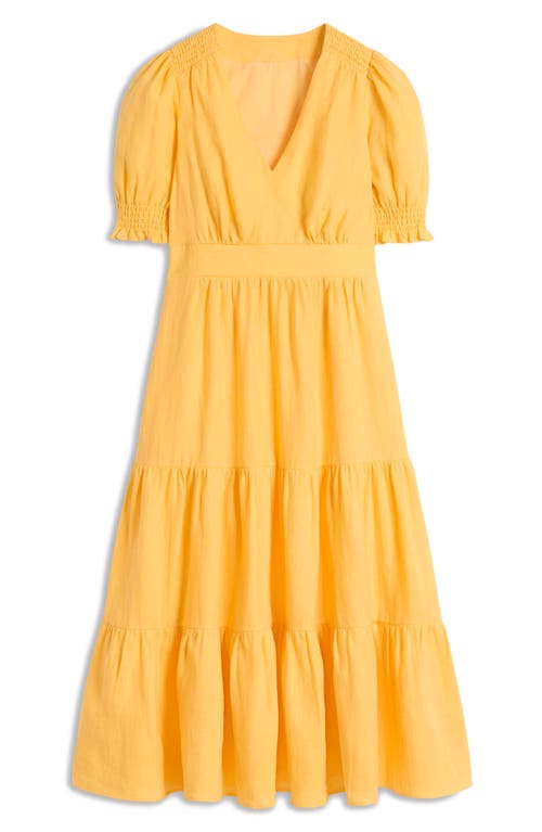 BODEN BODEN ANNA PUFF SLEEVE TIERED LINEN MIDI DRESS