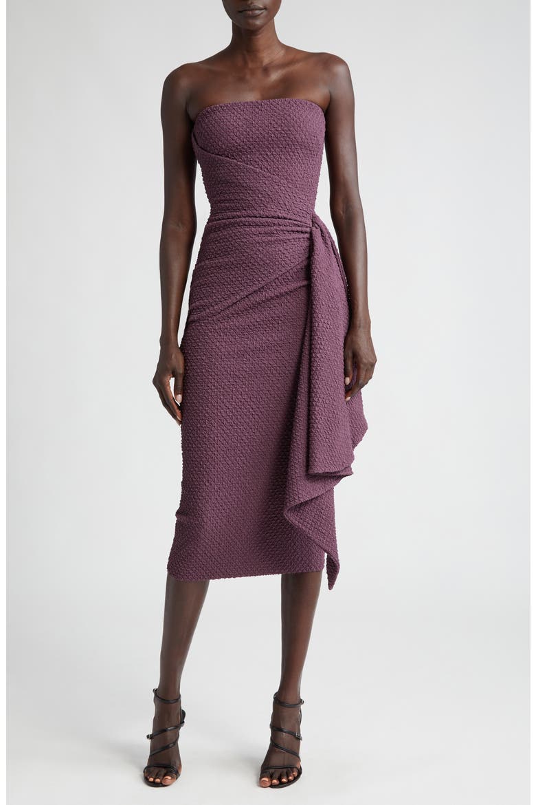 Airi Strapless Cloqué Faux Wrap Midi Dress, Main, color, 65683 PLUM
