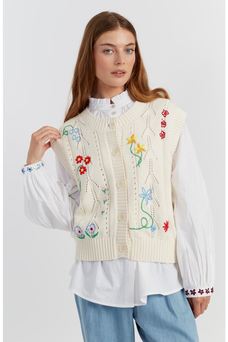 Hand-Embroidered Floral Cotton Tank Top, Main, color, Cream