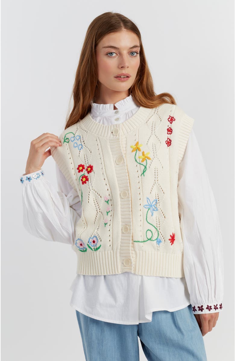 Chinti & Parker Hand-Embroidered Floral Cotton Tank Top, Main, color, Cream