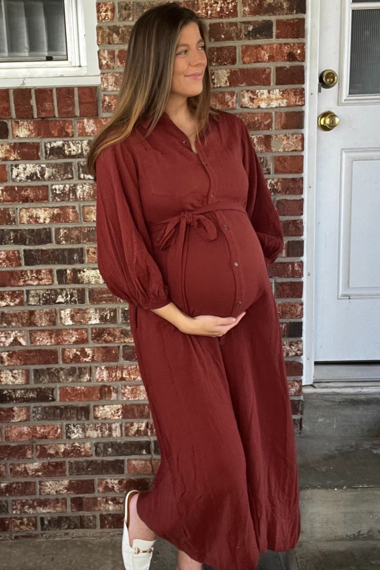 Gauze Belted Shirt Midi Dress, Alternate, color, Rust