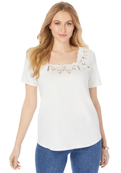 Stretch Cotton Eyelet Cutout Tee (Plus)