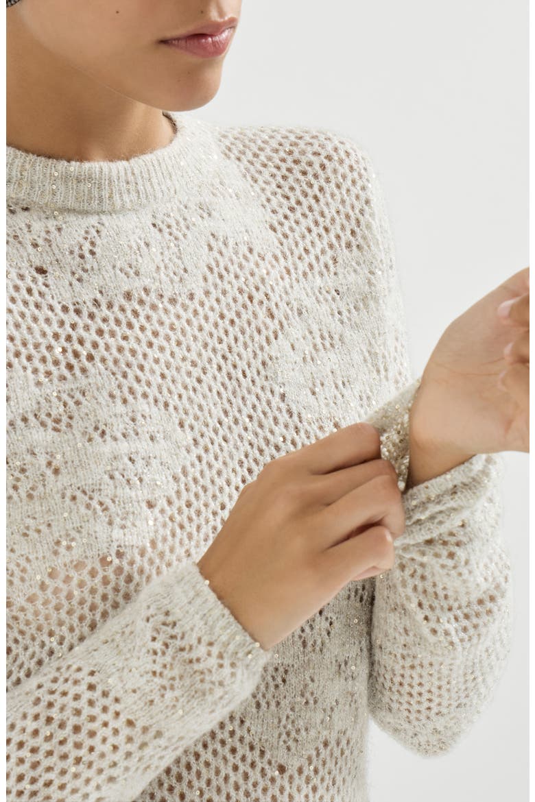 Lace flowers sweater in sparkling mohair and virgin wool, Alternate, color, Ivory