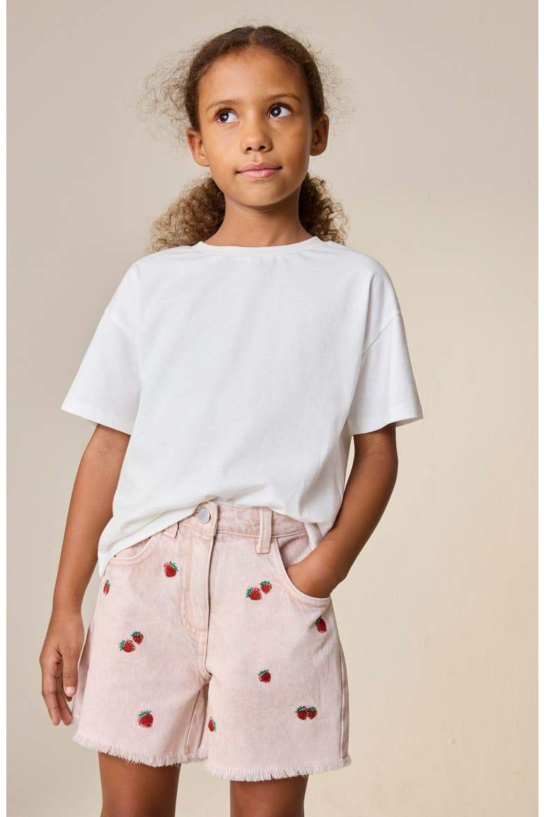 Kids' Embroidered Fruit Denim Shorts, Alternate, color, PINK