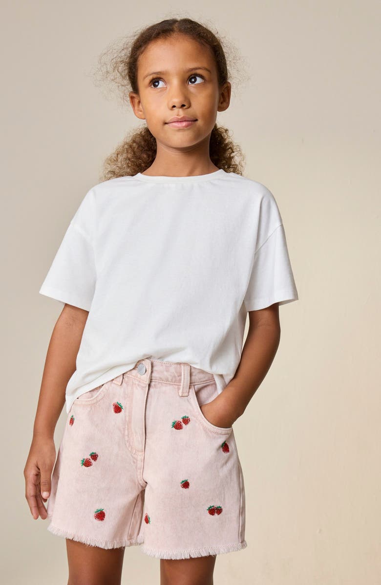NEXT Kids' Embroidered Fruit Denim Shorts, Alternate, color, Pink