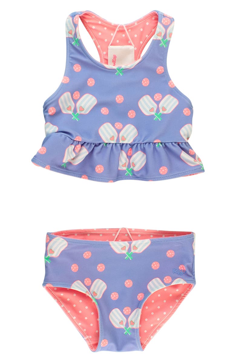 RuffleButts Kids' Pickleball Playtime Reversible Two-Piece Swimsuit, Alternate, color, Blue/ Pink