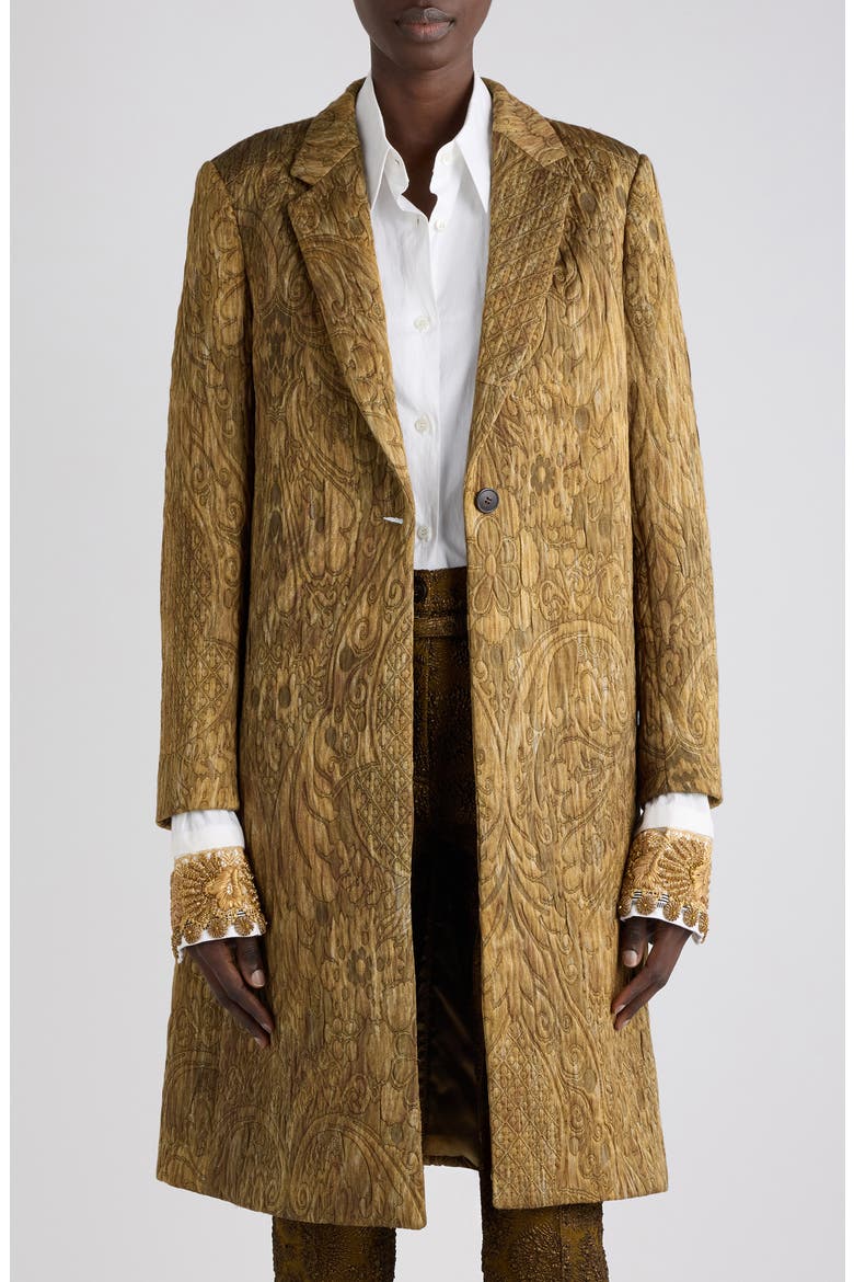 Richy Art Deco Embroidered Jacquard Coat, Main, color, KHAKI