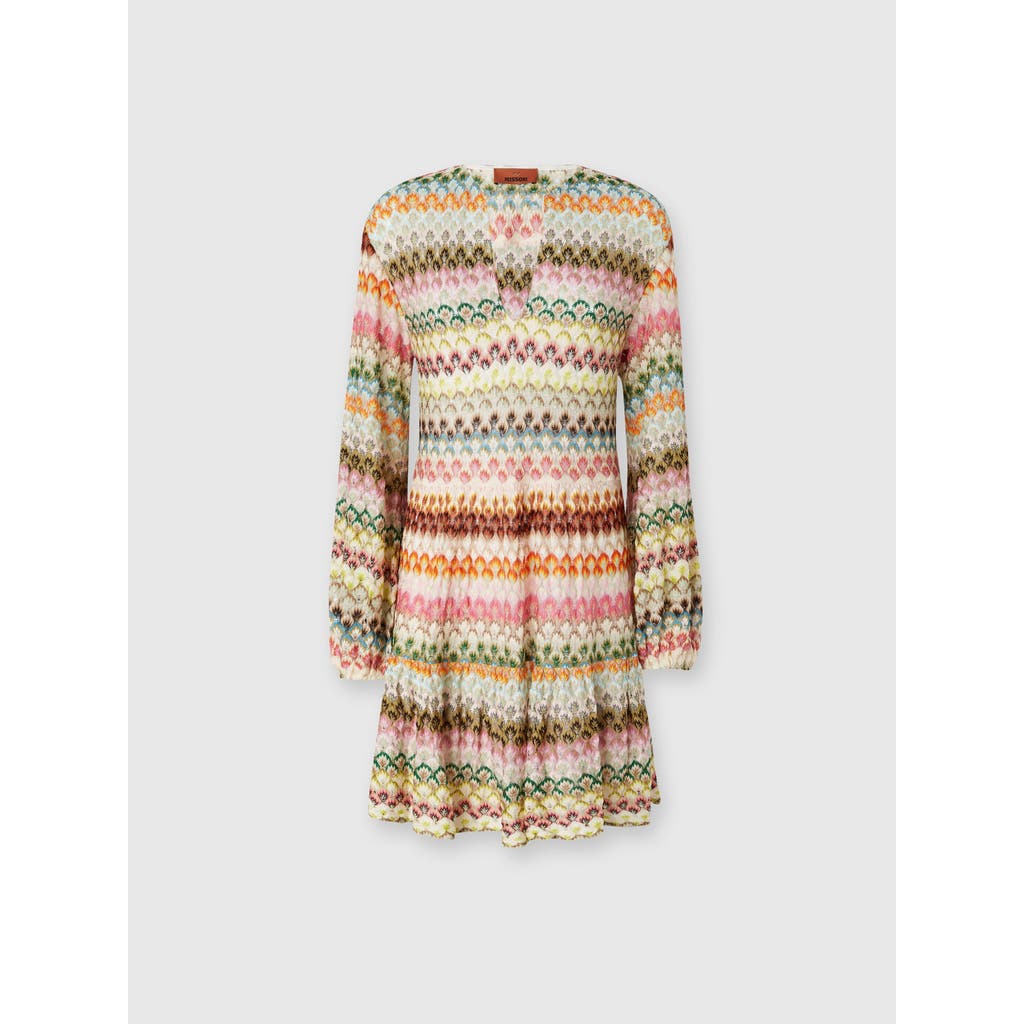 Missoni Long Sleeve Short Dress With Zig Zag Lace Pattern In Multicoloured