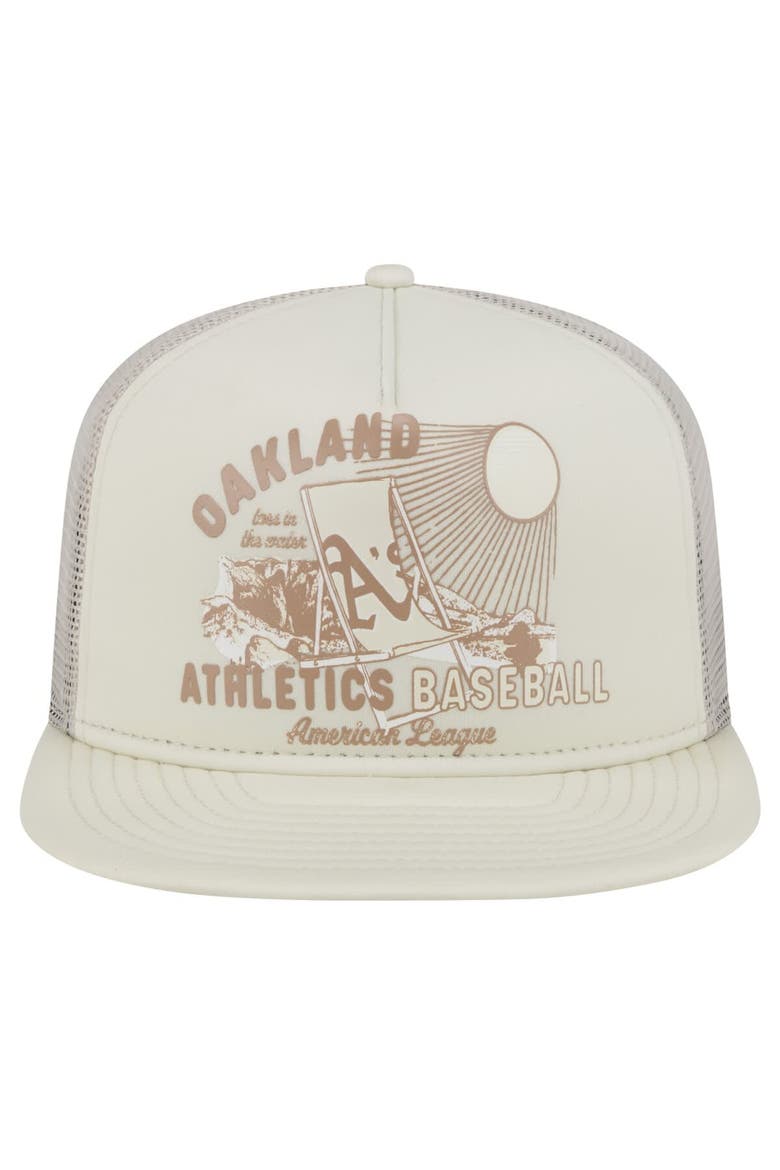 Men's New Era Khaki Oakland Athletics Almost Friday A-Frame 9FIFTY Trucker Snapback Hat, Alternate, color, Khaki
