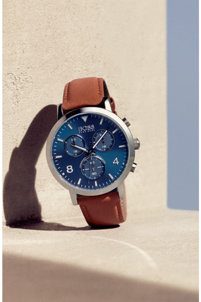 Spirit Chronograph Leather Strap Watch, 41mm, Alternate, color, BROWN/ BLUE/ SILVER