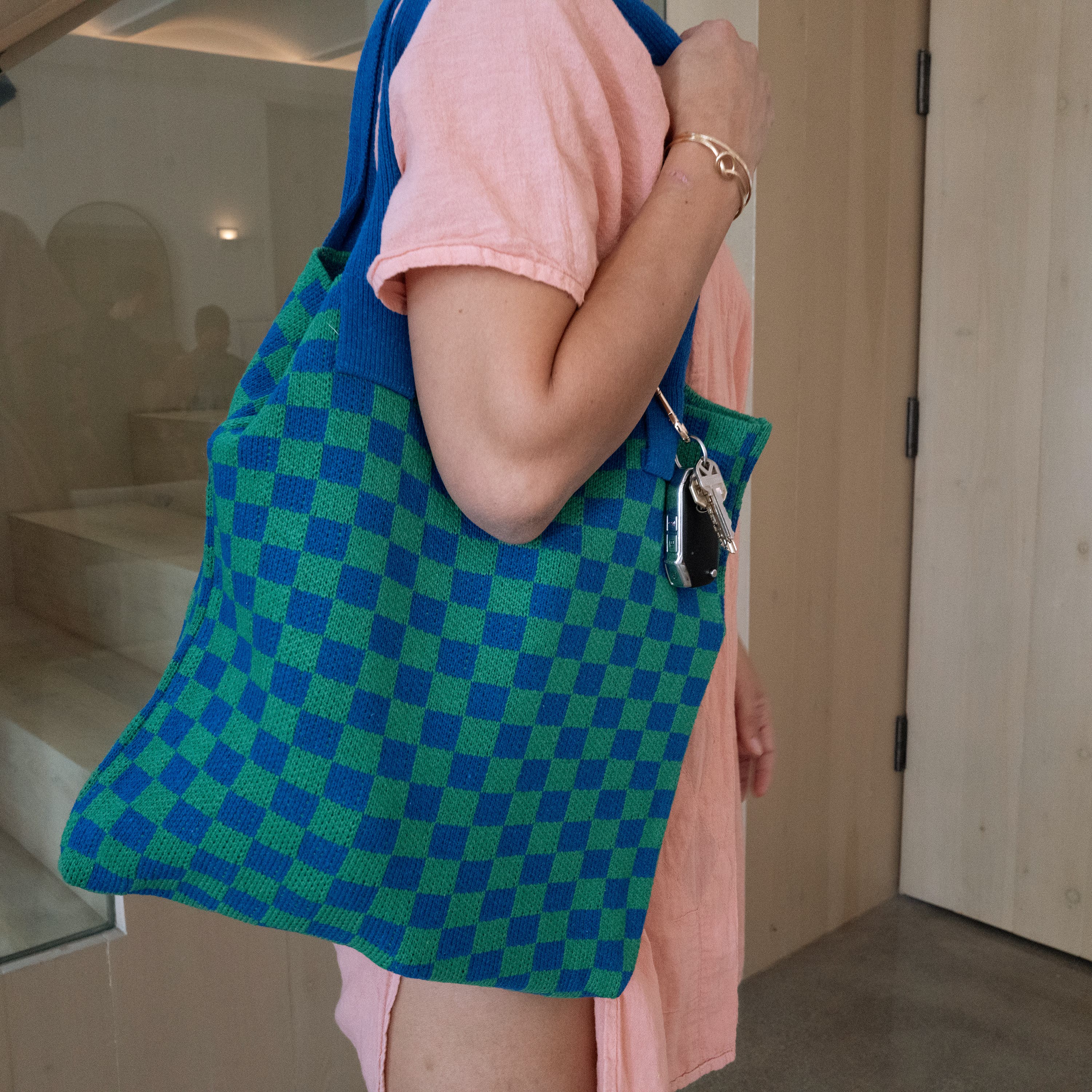 Checkered Sweater Tote Bag, Alternate, color, Navy and Green
