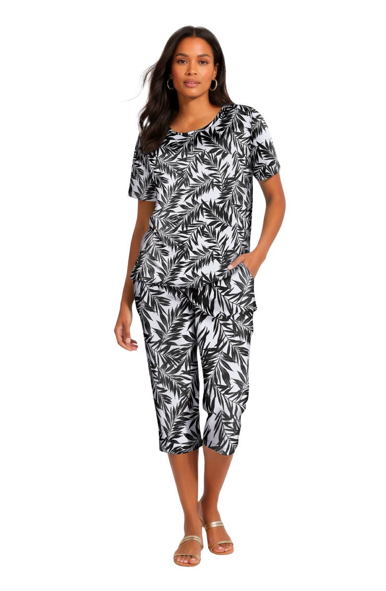 Roaman's Plus Size 2-Piece Printed Henley Top And Capri Set, Alternate, color, Black Waterfall Palm