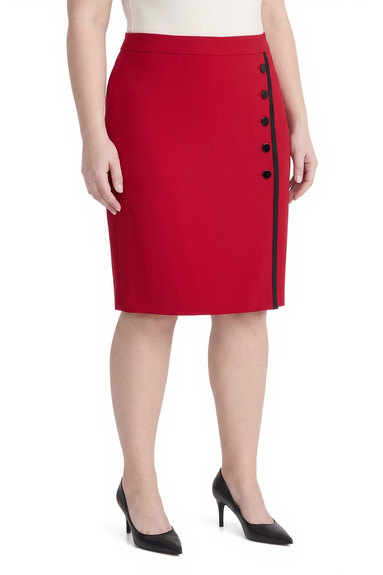 Faux Wrap Trimmed Skirt, Main, color, FIRE RED/ BLACK
