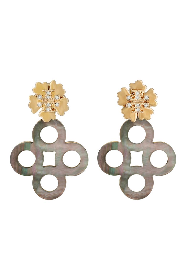 Kira Clover Pavé Front/Back Earrings, Main, color, TORY GOLD / BROWN