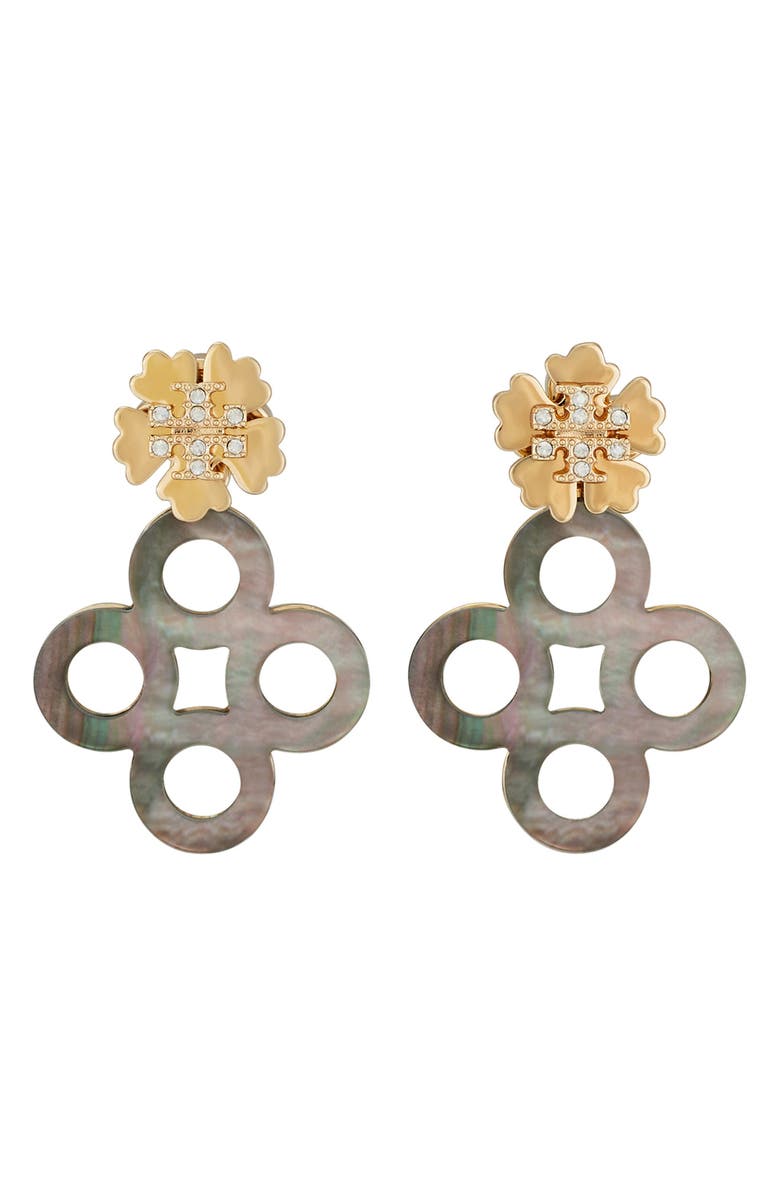 Tory Burch Kira Clover Pavé Front/Back Earrings, Main, color, Tory Gold / Brown