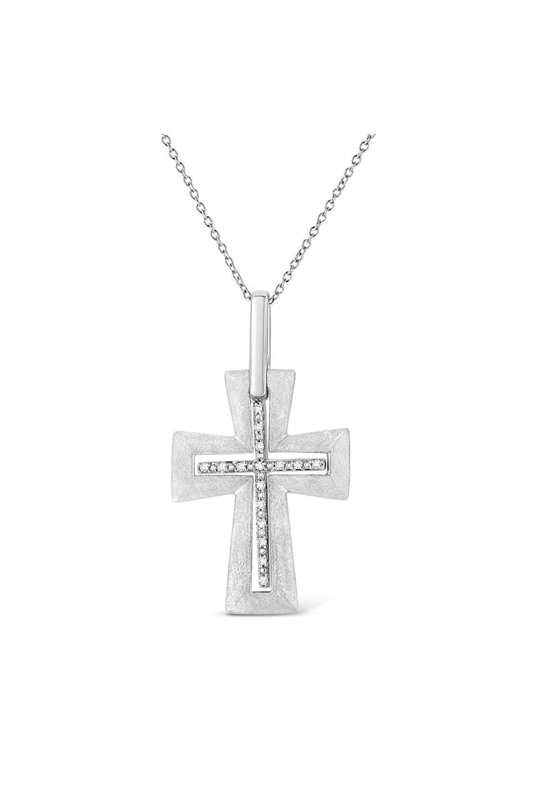 .925 Sterling Silver Prong-Set Diamond Accent Cross Pendant Necklace, Main, color, White