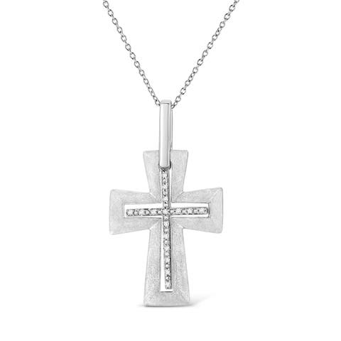 .925 Sterling Silver Prong-Set Diamond Accent Cross Pendant Necklace