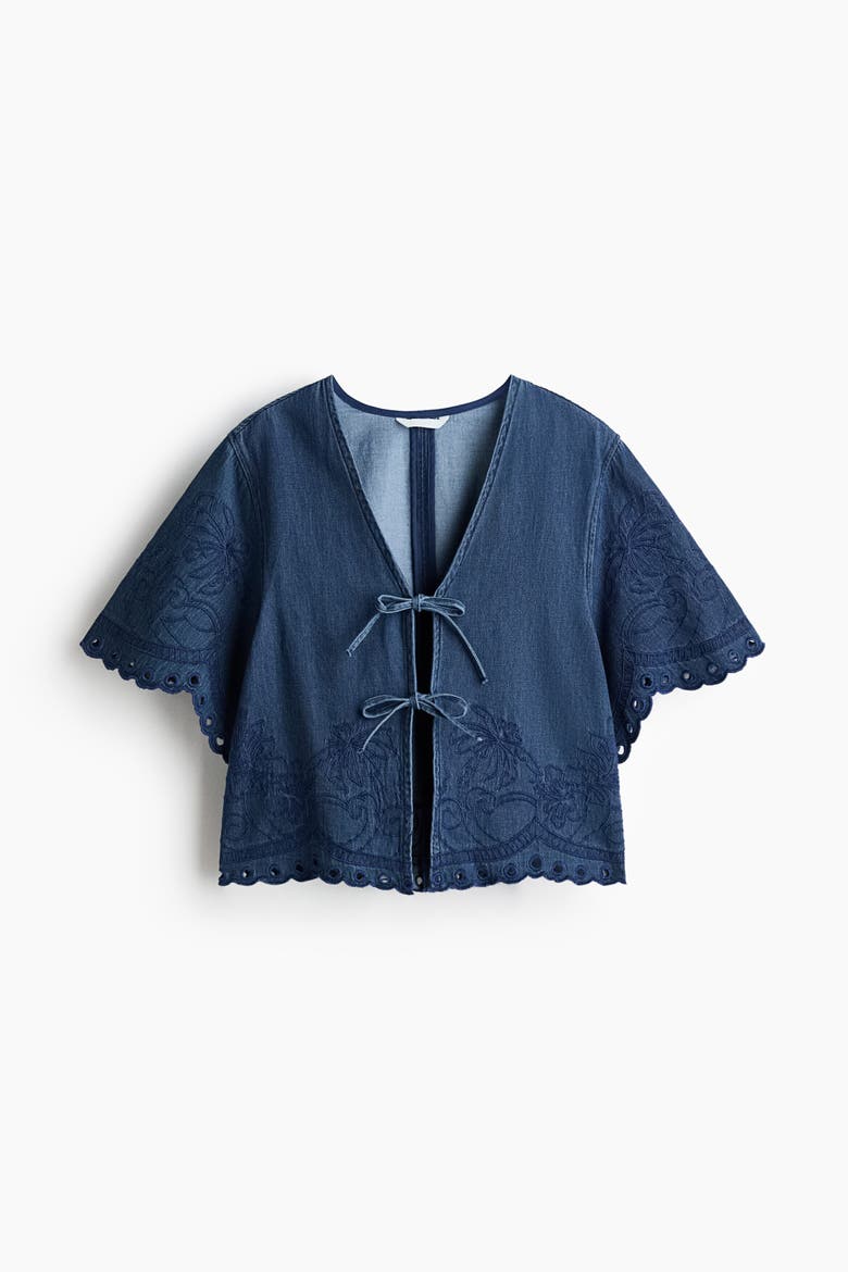Embroidered Denim Blouse, Alternate, color, Dark denim blue