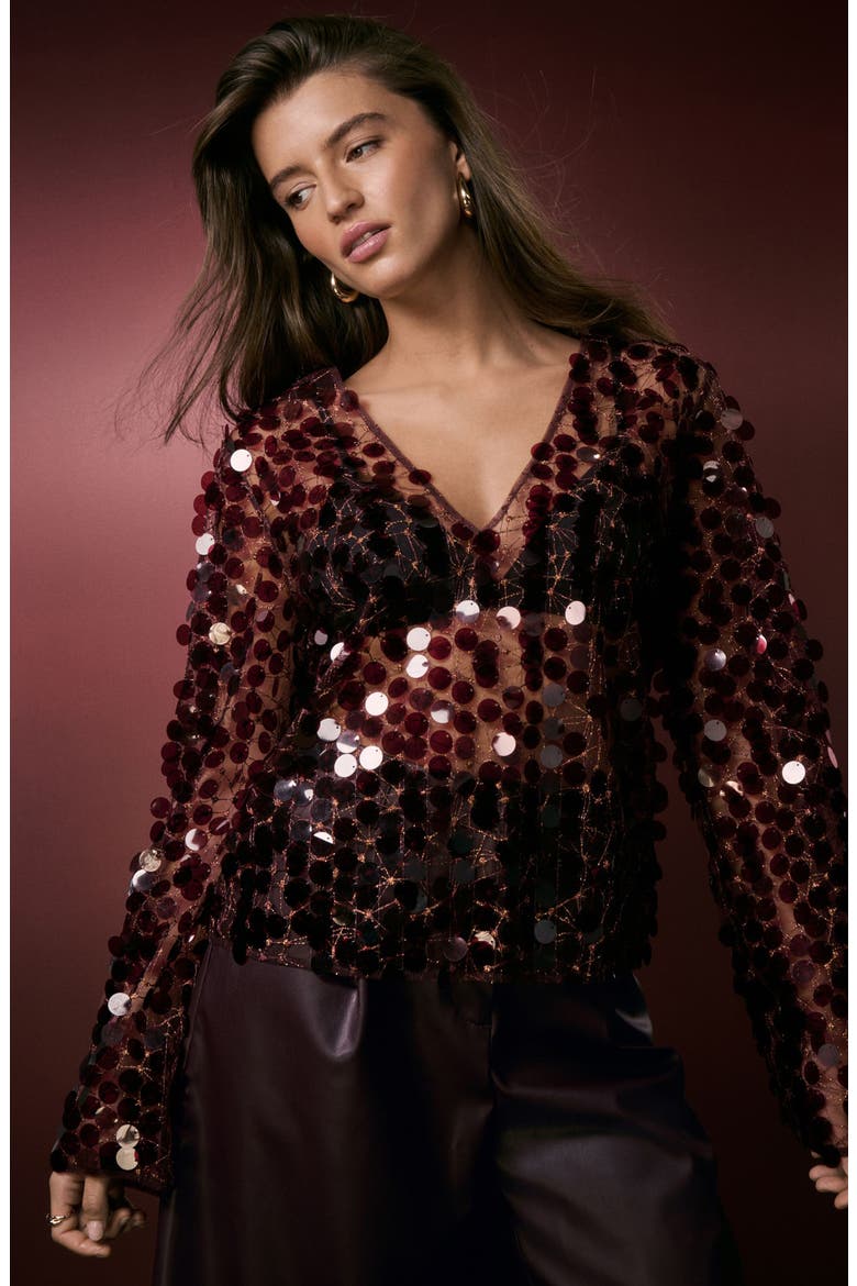 Sequin Sheer Mesh Top, Alternate, color, RED